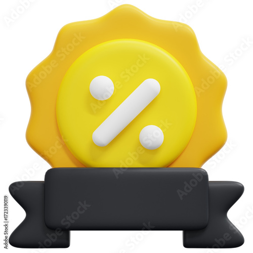 A vibrant 3D rendering of a yellow award badge with a percentage icon and a blank black ribbon, ideal for promotions, sales, and discounts
