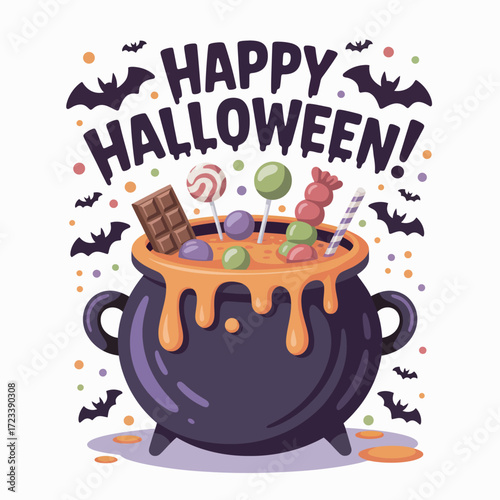 Halloween Cauldron Illustration with Candy, Bats, and Festive Elements for Greetings