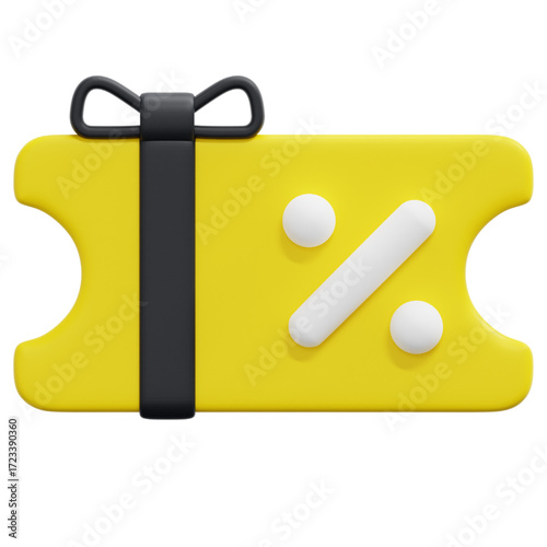 A 3D illustration of a bright yellow gift coupon or discount voucher, complete with a black ribbon and a percentage symbol, perfect for promotional and marketing materials