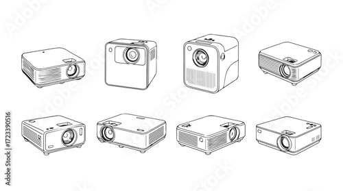 Collection of eight diverse digital projector sketches presented from various angles for multimedia presentations silhouette