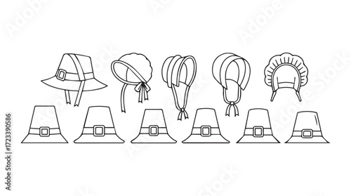 Collection of historical pilgrim and puritan style hats and bonnets line art icons for thanksgiving silhouette