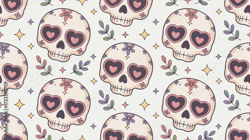 Seamless Pattern of Sugar Skulls with Heart Eyes and Floral Accents on Light Background