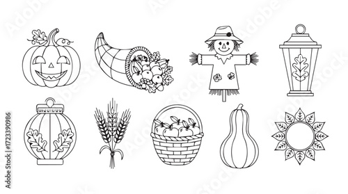 Autumn harvest elements decorative design collection for fall season celebrations and decorations silhouette
