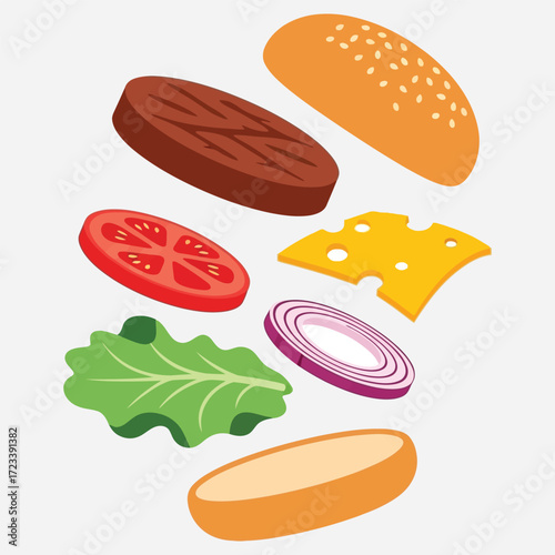 Vector illustration of a deconstructed hamburger with floating ingredients like patty, cheese, and vegetables ready for assembly