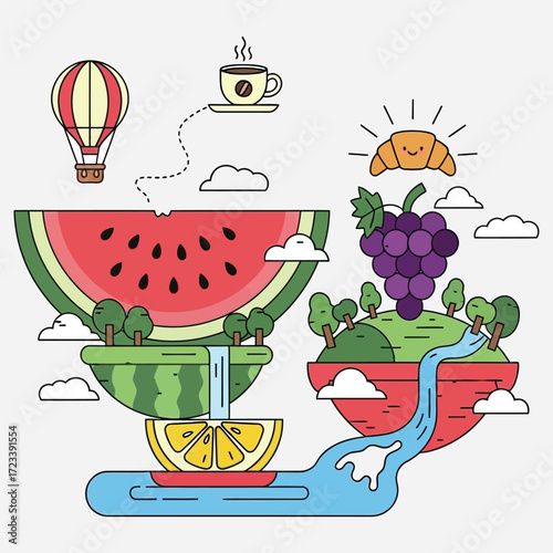 A whimsical and surreal breakfast landscape with floating fruit islands, a coffee cup, and a smiling croissant sun