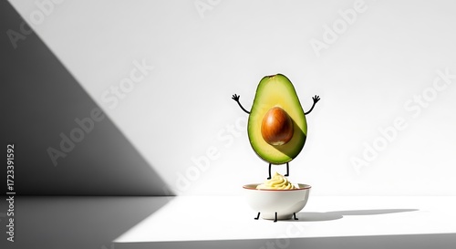 Playful Avocado Character Above Guacamole in Bowl - Healthy Food Concept Stock Photo.