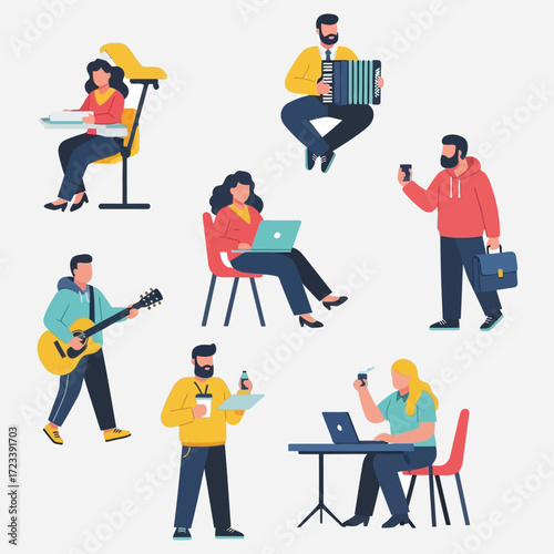 Diverse group of individuals enjoying hobbies and work from home activities like playing guitar and using laptops