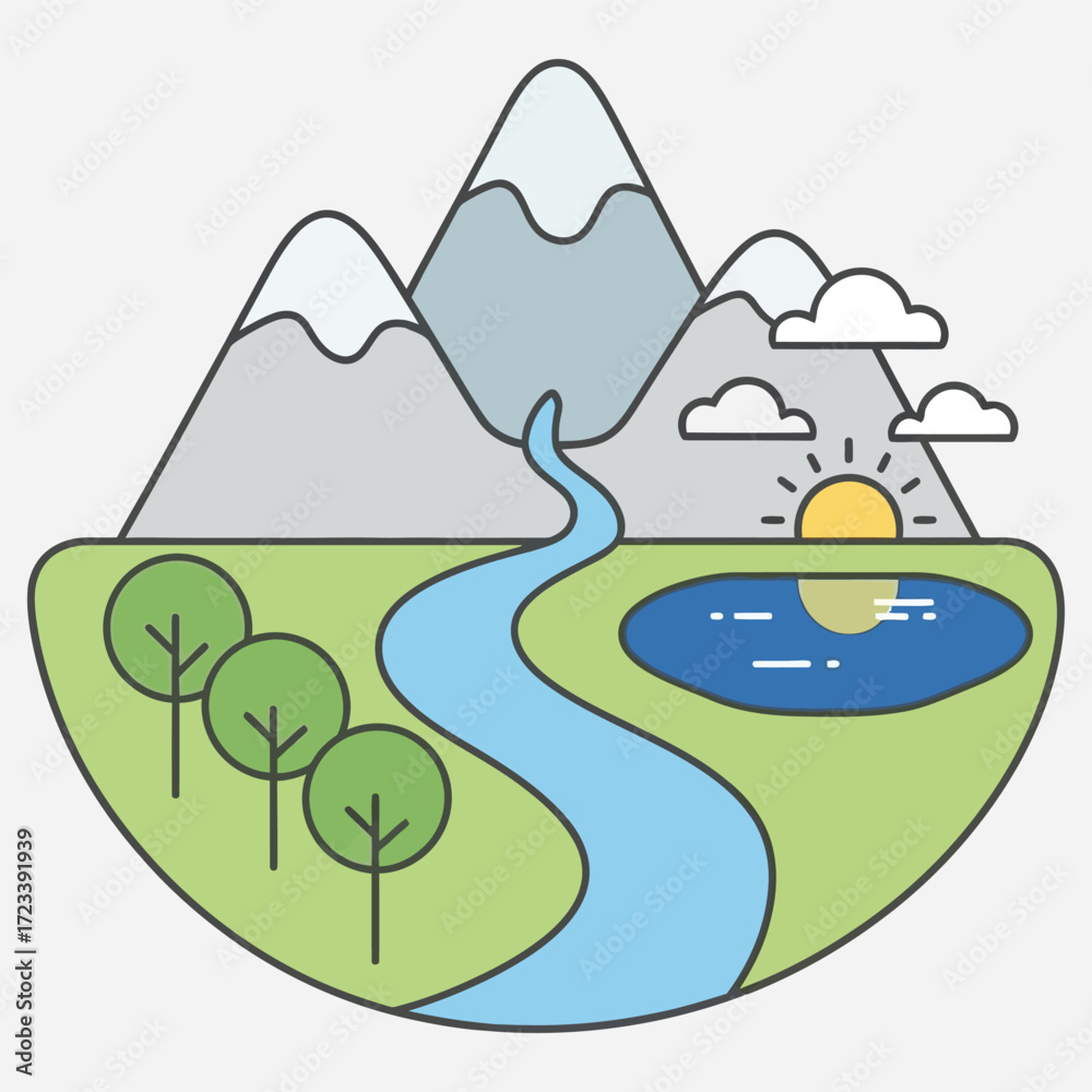 Fototapeta premium Vibrant minimalist nature landscape illustration depicting majestic mountains, a flowing river, a tranquil lake, lush green trees, and a bright sunrise under a clear sky