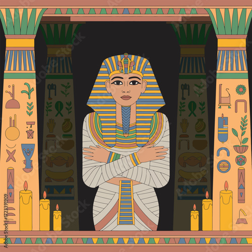 Ancient Egyptian Pharaoh Illustration with Hieroglyphs and Temple Columns Backdrop