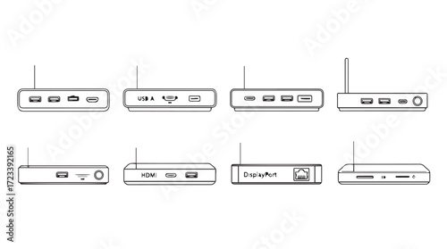 Set of wireless routers and modems for home and office network connectivity silhouette