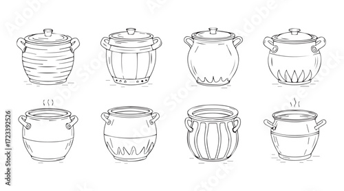 Collection of hand-drawn pots and vessels featuring rustic designs and lids for culinary and decorative use silhouette