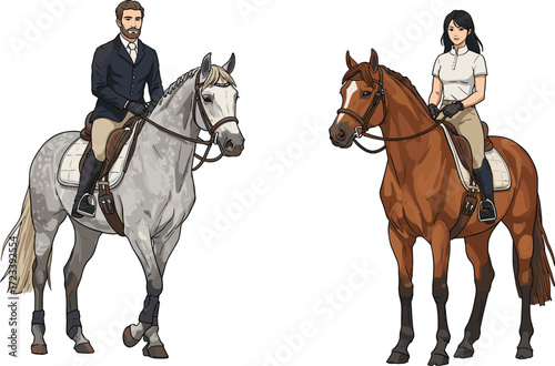 Horse riding, equestrian couple, outdoor adventure, digital illustration, realistic horses, riding boots, saddle gear, lifestyle concept, scenic journey, expressive art