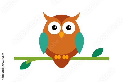 Cute owl perched on a branch, a charming whimsical illustration of a wise nocturnal bird