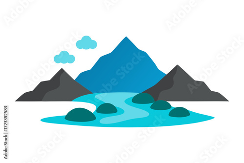 Scenic mountain landscape a winding river fluffy clouds, a peaceful serene nature scene