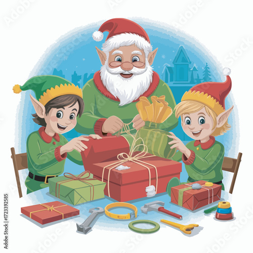 Santa Claus and Elves Preparing Gifts in Workshop Scene with Toys and Festive Spirit