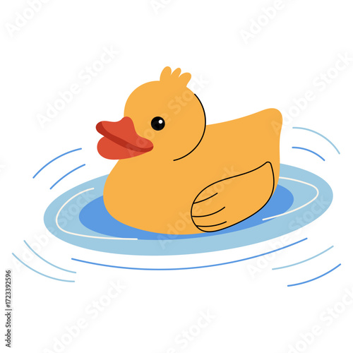 Yellow duck floating in water. Plastic toy for kids bath time, symbol of childhood, play, leisure, and fun aquatic activities.  