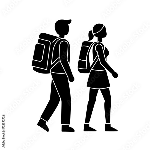 Silhouette of a couple backpacks walking, symbolizing travel, adventure, exploration