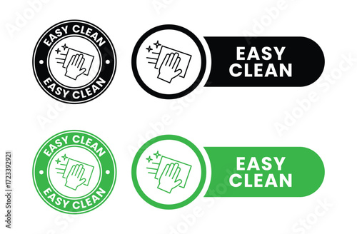 Easy clean icon set. Hand with napkin wiping a surface. Housekeeping symbol. Easy clean logo, label, badge, symbol, banner, circle, black, line, vector, isolated illustration. Cleaner service logo