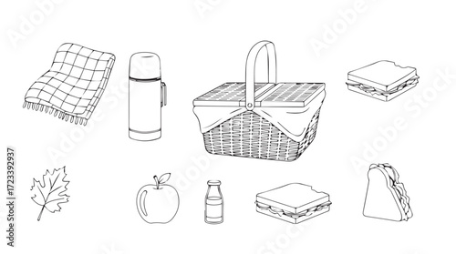 Hand drawn sketch of picnic basket and assorted food items for outdoor dining silhouette