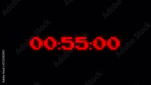 One minute countdown timer stopwatch animation from 60 to 0 seconds on Red Pixel Style with minutes, seconds, miliseconds, 1 minute Countdown video 