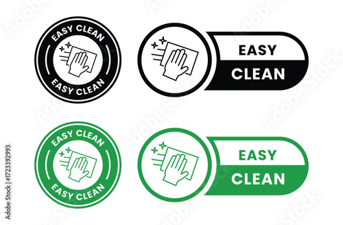 Easy clean icon set. Hand with napkin wiping a surface. Housekeeping symbol. Easy clean logo, label, badge, symbol, banner, circle, black, line, vector, isolated illustration. Cleaner service logo