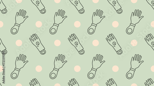 A seamless pattern of hand outlines with bracelets and rolled up sleeves on a light green background