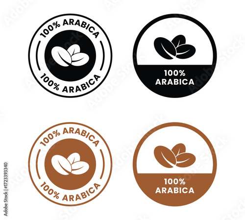100 arabica icon. 100 robusta label. 100 liberica symbol. Premium coffee blend vector illustration. Coffee beans emblem, badge, sign, stamp or seal for product packaging isolated.