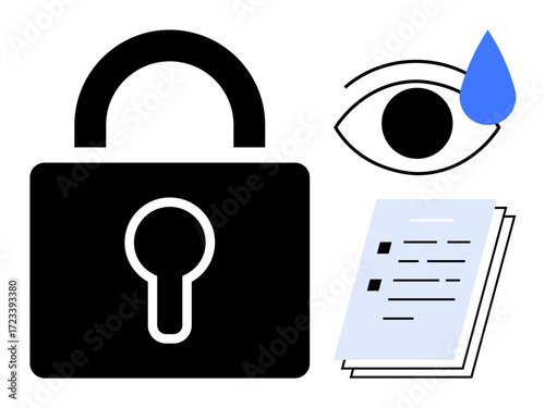 Lock symbolizes security, eye with tear evokes surveillance or concern, documents represent information. Ideal for data safety, privacy, compliance, surveillance, confidentiality, cybersecurity