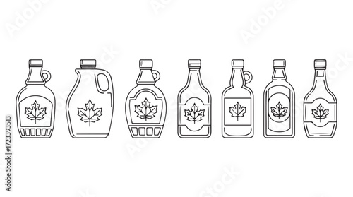 Collection of hand drawn maple syrup bottles featuring canadian leaf emblem various shapes and sizes silhouette