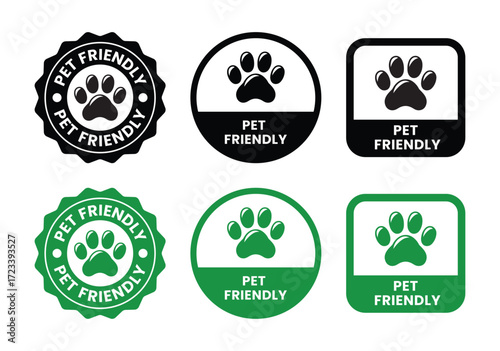 Pet Friendly icon set. Pet Friendly logo, label, sign, badge, symbol, banner, line, flat vector, isolated illustration. Pet Friendly label for product packaging design. Dogs and cats allowed sign.