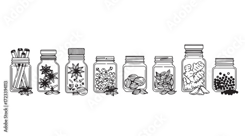 Hand drawn assortment of mason jars filled with various food ingredients silhouette