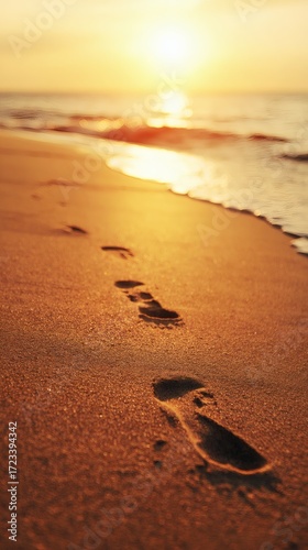 footprints. A serene beach sunset with footprints in the sand, evoking tranquility and golden warmth. inspiring travel planning, travel magazines, designed for travel destination branding.
