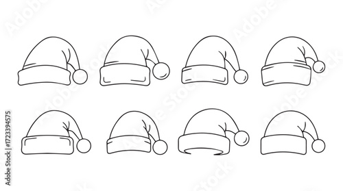 Collection of eight hand-drawn festive santa hats with fluffy pom-poms and trim silhouette