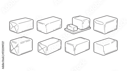 Collection of hand-drawn butter sticks wrapped in wax paper isolated on white silhouette