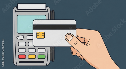 Hand holding credit card near payment terminal, contactless payment concept, paying by credit card, vector illustration, flat design, dark blue background