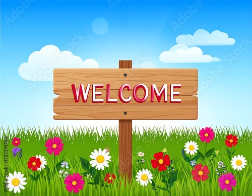 Welcome sign in a lush meadow