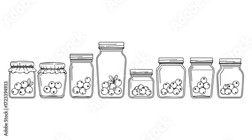 Collection of hand drawn glass jars filled with contents for storage preservation and culinary use silhouette