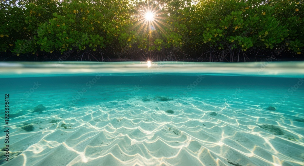 Fototapeta premium Sunlight filters through mangrove trees onto clear ocean water