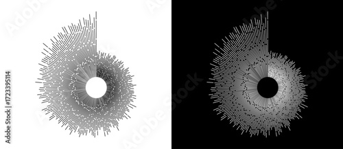 Abstract background with burning lines in cicrle. Design element or icon. Black shape on a white background and the same white shape on the black side.