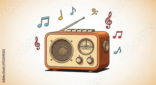 Vintage radio illustration with musical notes floating around, evoking nostalgia and the joy of listening to music