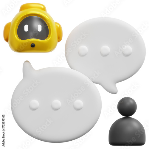 3D rendered image of a friendly robot and speech bubbles illustrating communication and connection, ideal for concepts of dialogue and online interaction