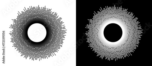 Abstract background with burning lines in cicrle. Design element or icon. Black shape on a white background and the same white shape on the black side.
