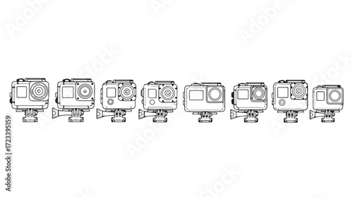 Collection of action camera designs showing diverse features and configurations for photography and videography silhouette