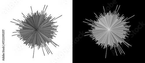 Abstract background with burning lines in cicrle. Design element or icon. Black shape on a white background and the same white shape on the black side.