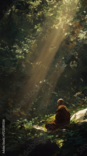 Serene Meditation in Forest: A monk in traditional robes sits in a meditative pose amidst a sun-dappled forest clearing, with rays of light illuminating the tranquil scene.