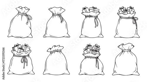 Collection of hand drawn sack bags filled with contents isolated objects representing wealth and bounty silhouette