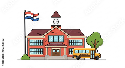 Illustration of a school building with a school bus and a flag back to school concept with education and learning theme