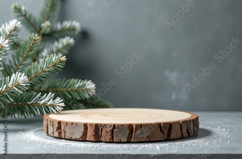 Wooden stand for Christmas product presentation with christmas tree on the background. Realistic product podium for Christmas winter and christmas discount design, sale