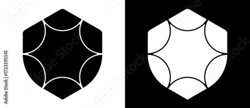 Shield icon, protect shield sign. Defense protect elements with hexagon. Black shape on white background and white shape on black background.