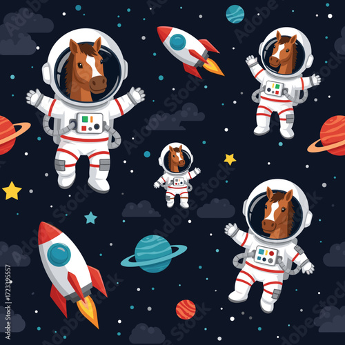 Whimsical horse astronauts explore deep space with rockets and planets Fun adventure education